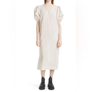 GANNI Sheath Dress with Puff Sleeves and V-Neck